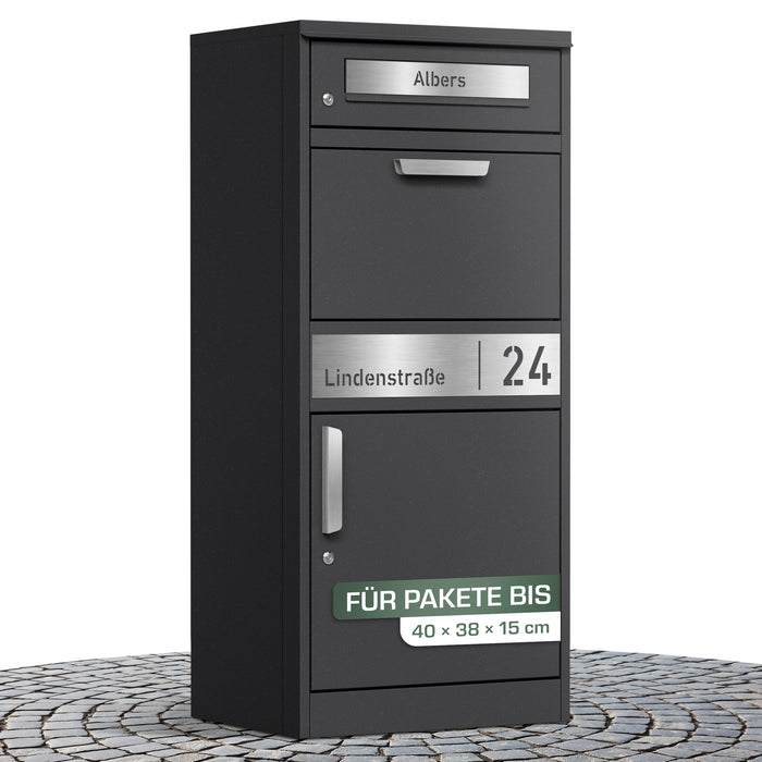 Paketbox PB1 mit Briefkasten | eisenglimmer - DB703 | personalisiert mit Edelstahl-Schild