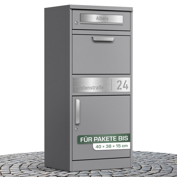 Paketbox PB1 mit Briefkasten | graualuminium - RAL9007 | personalisiert mit Edelstahl-Schild