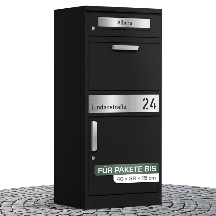 Paketbox PB1 mit Briefkasten | schwarz (RAL9005) | personalisiert mit Edelstahl-Schild