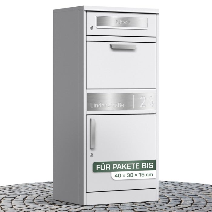 Paketbox PB1 mit Briefkasten | weiß - RAL9003 | personalisiert mit Edelstahl-Schild