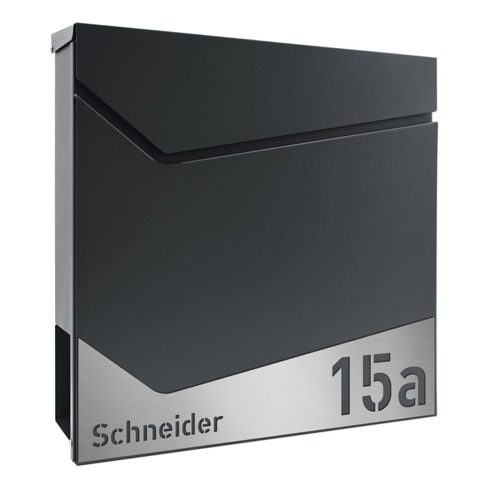 AlbersDesign Briefkasten B16 Anthrazit (RAL7016) personalisiert mit Edelstahl-Schild