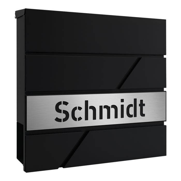 AlbersDesign Briefkasten B17 Schwarz (RAL9005) personalisiert mit Edelstahl-Schild