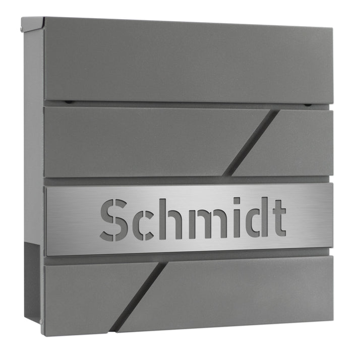 AlbersDesign Briefkasten B17 Graualuminium (RAL9007) personalisiert mit Edelstahl-Schild