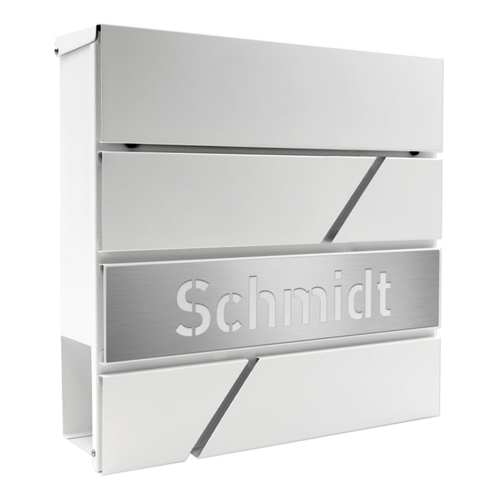 AlbersDesign Briefkasten B17 Weiß (RAL9003) personalisiert mit Edelstahl-Schild
