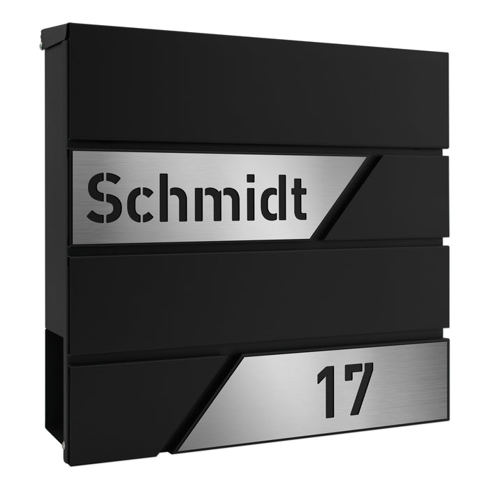 AlbersDesign Briefkasten B1 schwarz (RAL9005) personalisiert mit Edelstahl-Schildern