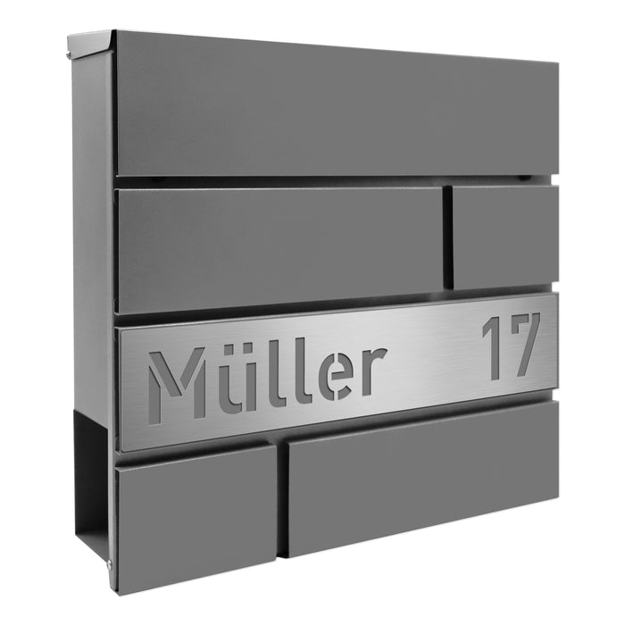 AlbersDesign Briefkasten B2 Graualuminium (RAL9007) personalisiert mit Edelstahlschild