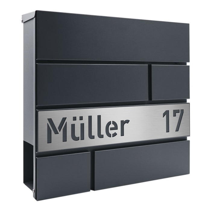 AlbersDesign Briefkasten B2 anthrazit (RAL7016) personalisiert mit Edelstahlschild