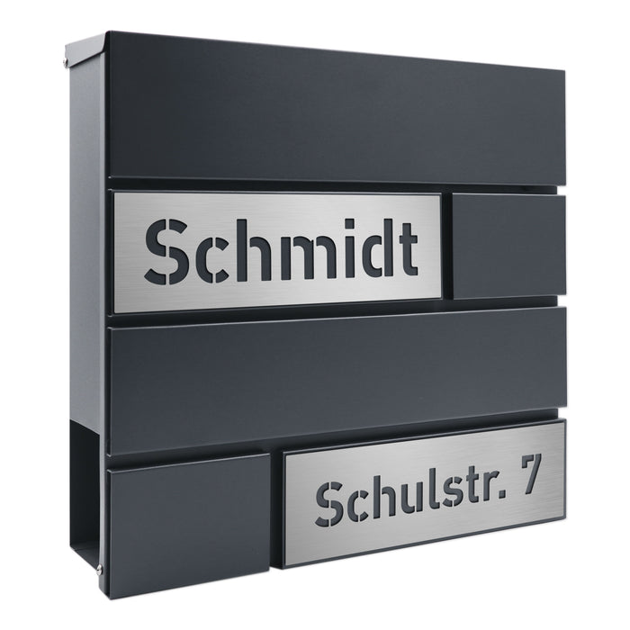 AlbersDesign Briefkasten B4 anthrazit (RAL7016) personalisiert mit Edelstahl-Schildern