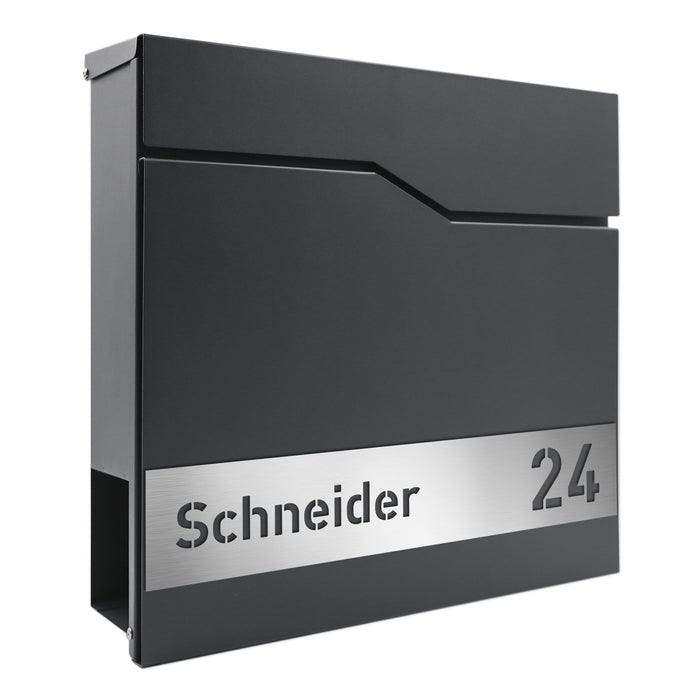AlbersDesign Briefkasten B7 anthrazit (RAL7016) personalisiert mit Edelstahl-Schild