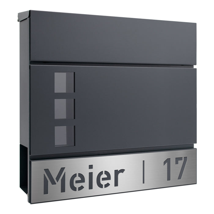 AlbersDesign Briefkasten B9 anthrazit (RAL7016) personalisiert mit Edelstahlschild