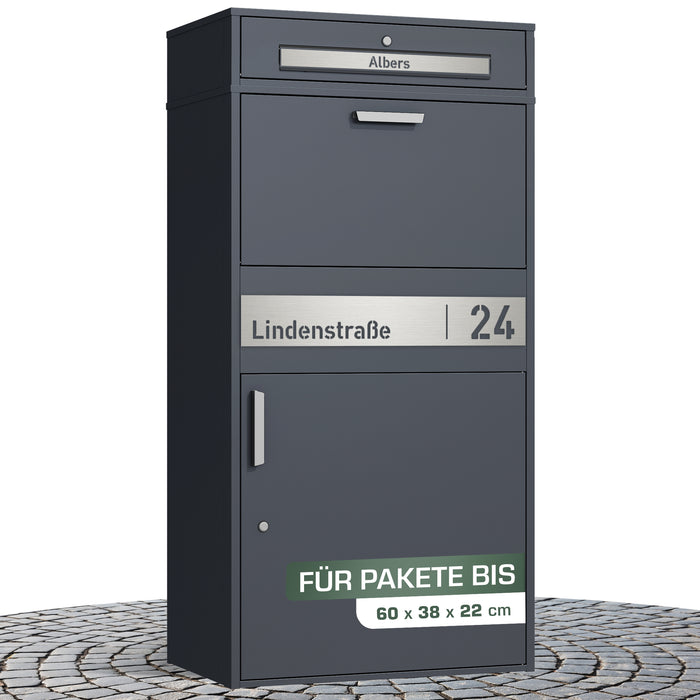 XXL Paketbox mit Briefkasten | anthrazit - RAL7016 | personalisiert mit Edelstahl-Schild