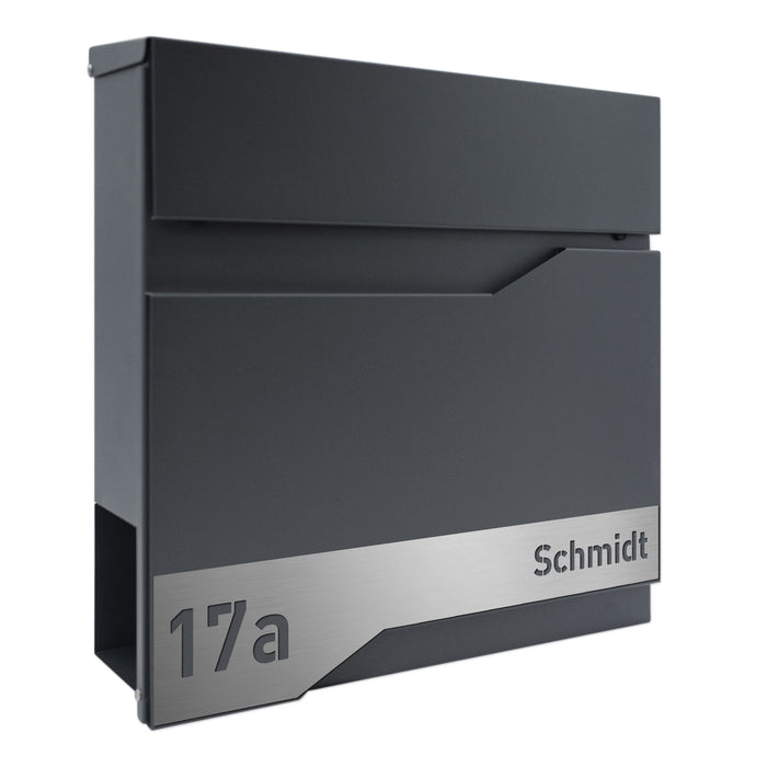 AlbersDesign Briefkasten B14 Anthrazit (RAL7016) personalisiert mit Edelstahlschild