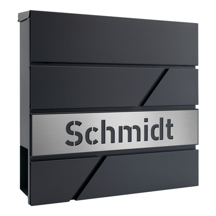 AlbersDesign Briefkasten B17 Anthrazit (RAL7016) personalisiert mit Edelstahl-Schild