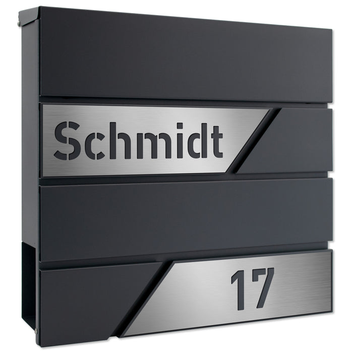 AlbersDesign Briefkasten B1 anthrazit (RAL7016) personalisiert mit Edelstahl-Schildern