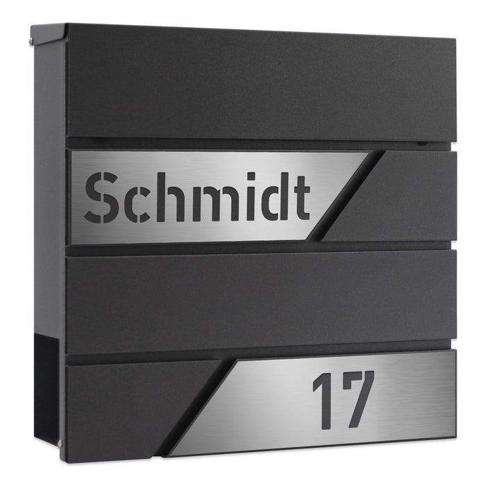 AlbersDesign Briefkasten B1 Eisenglimmer (DB703) personalisiert mit Edelstahl-Schildern