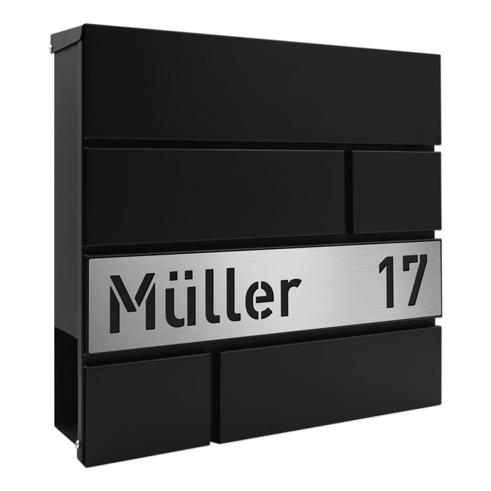 AlbersDesign Briefkasten B2 Schwarz (RAL9005) personalisiert mit Edelstahlschild