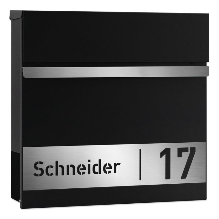 AlbersDesign Briefkasten B3 schwarz (RAL 9005) personalisiert mit Edelstahlschild