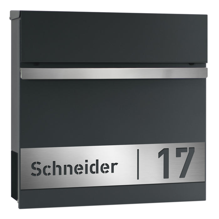 AlbersDesign Briefkasten B3 anthrazit (RAL7016) personalisiert mit Edelstahlschild