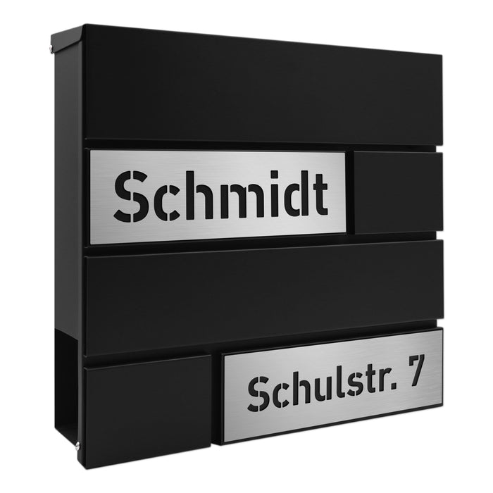AlbersDesign Briefkasten B4 Schwarz (RAL9005) personalisiert mit Edelstahl-Schildern