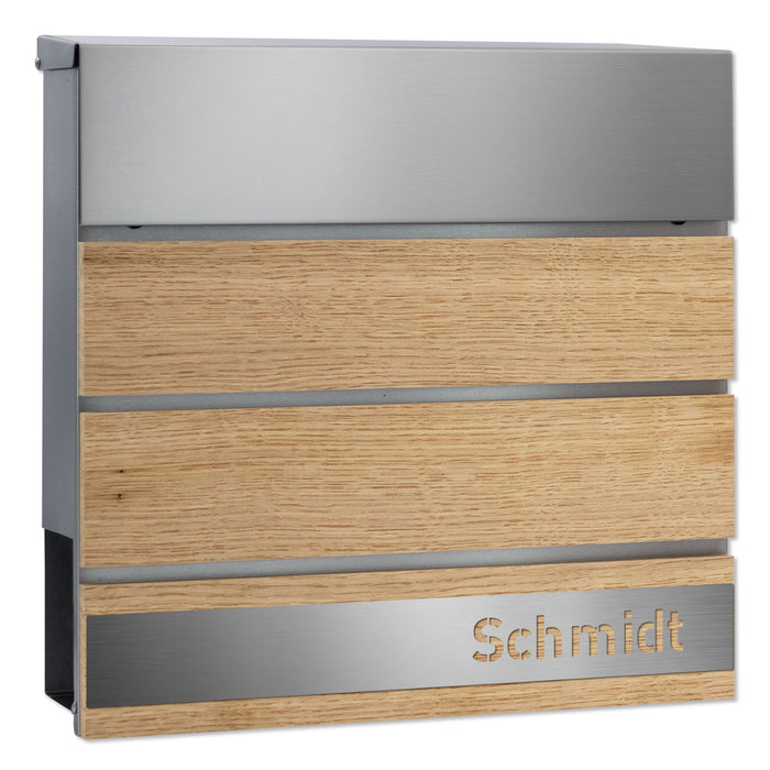 AlbersDesign Briefkasten B5 (in Edelstahl) mit Eichen-Massivholzelementen - personalisiert mit Edelstahl-Schild