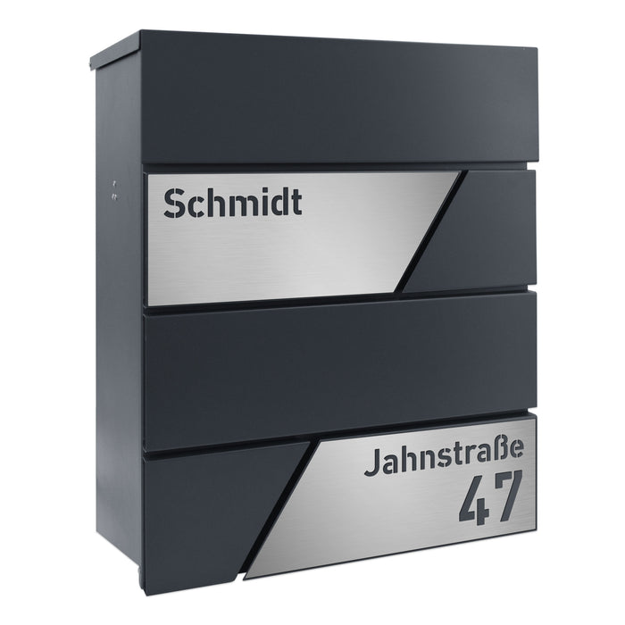 AlbersDesign Paketbox PB2 anthrazit (RAL7016) personalisiert mit Edelstahl-Schildern