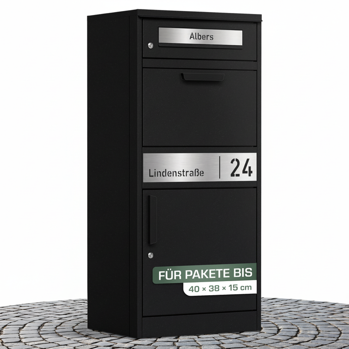 Paketbox PB1 mit Briefkasten | schwarz (RAL9005) | personalisiert mit Edelstahl-Schild