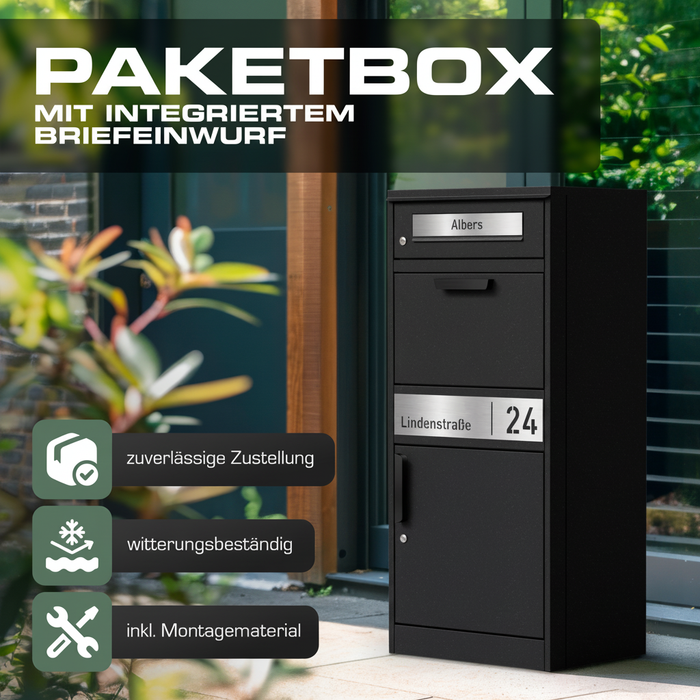Paketbox PB1 mit Briefkasten | schwarz (RAL9005) | personalisiert mit Edelstahl-Schild