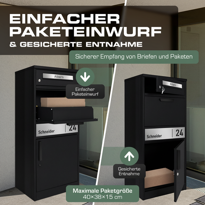 Paketbox PB1 mit Briefkasten | schwarz (RAL9005) | personalisiert mit Edelstahl-Schild