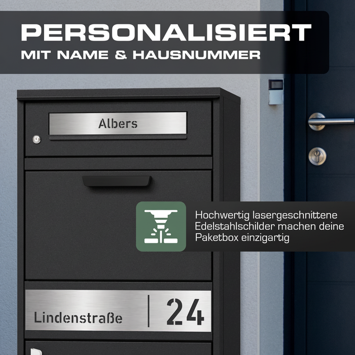 Paketbox PB1 mit Briefkasten | schwarz (RAL9005) | personalisiert mit Edelstahl-Schild