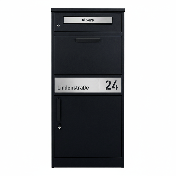 Paketbox PB1 mit Briefkasten | schwarz (RAL9005) | personalisiert mit Edelstahl-Schild
