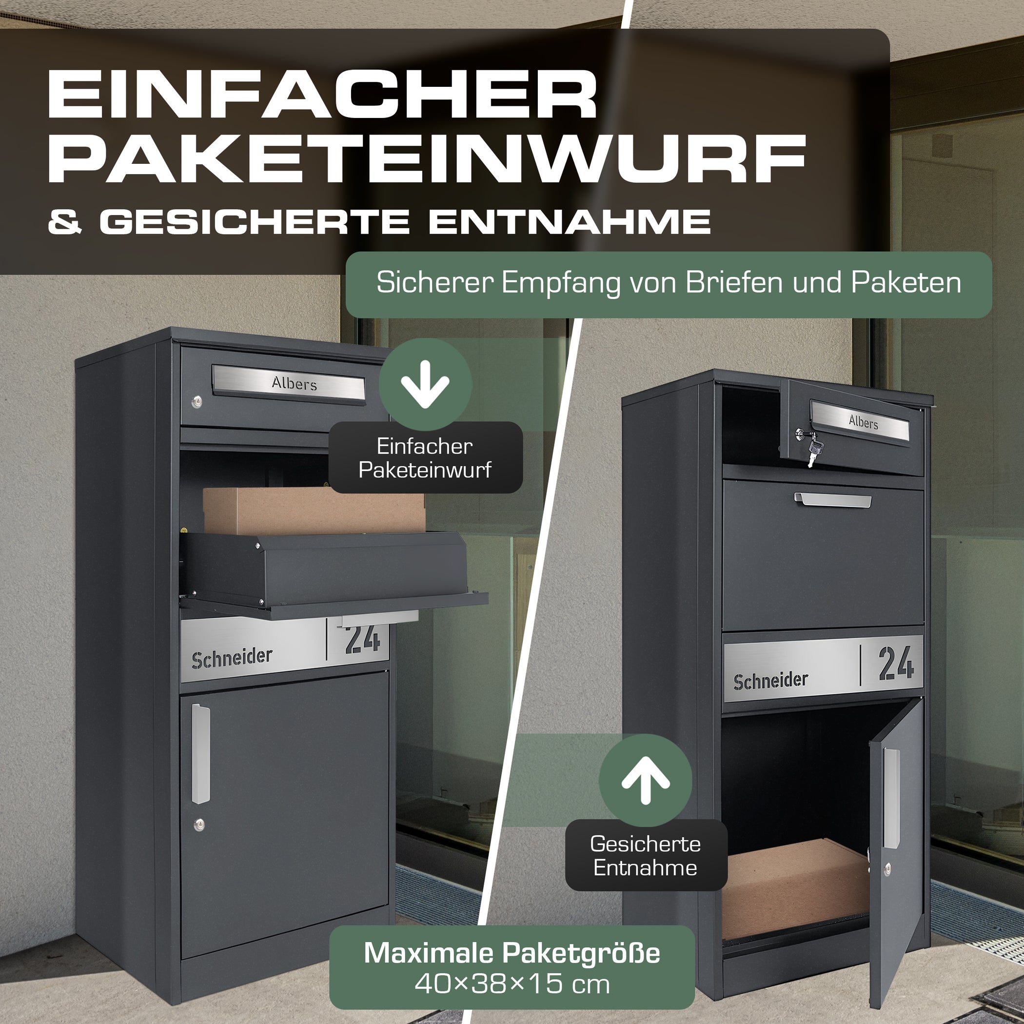 Paketbox PB1 mit Briefkasten | anthrazit - RAL7016 | personalisiert mi ...
