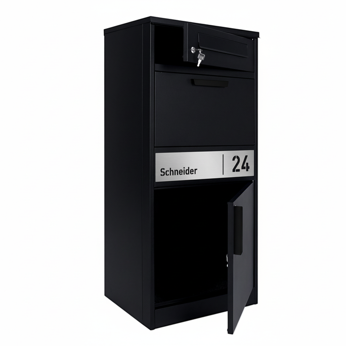 Paketbox PB1 mit Briefkasten | schwarz (RAL9005) | personalisiert mit Edelstahl-Schild