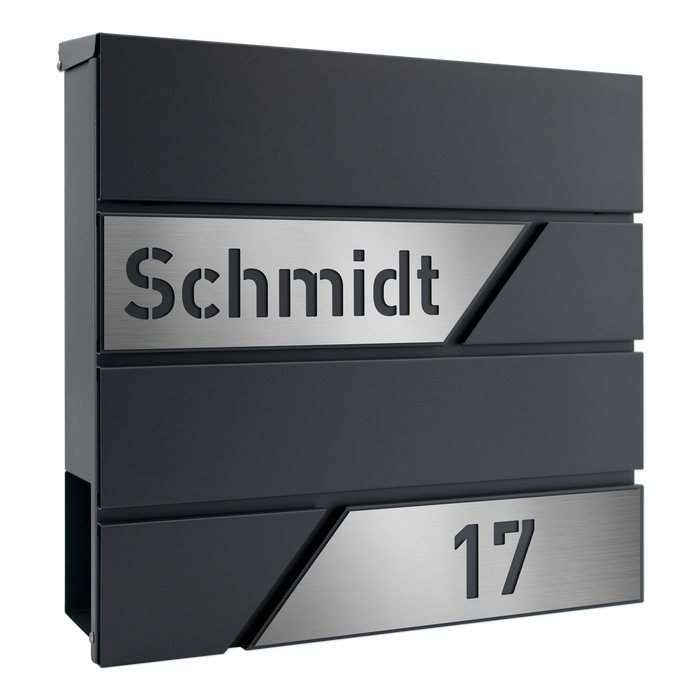 AlbersDesign Briefkasten mit KOMPO-Pulverlackierung personalisiert mit Edelstahl-Schildern