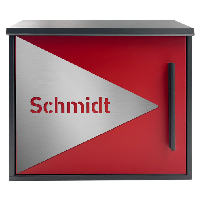AlbersDesign Briefkasten B11-1 in Rot (RAL3000) - ohne Zeitungsfach -  personalisiert mit Edelstahl-Schild