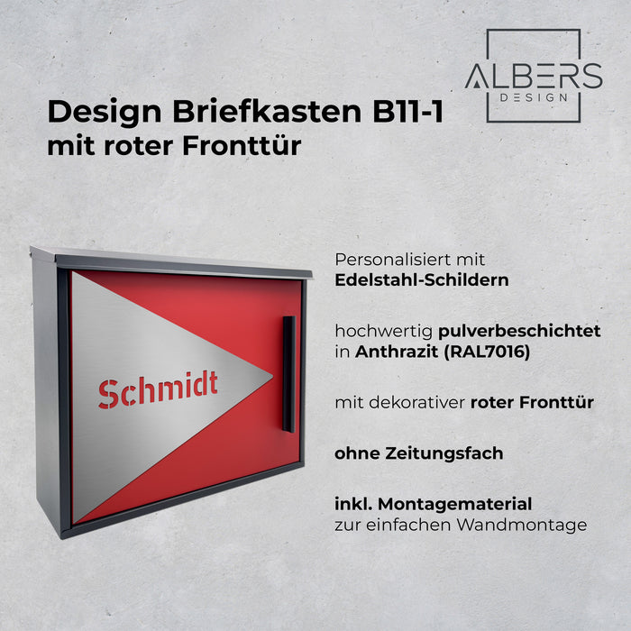 AlbersDesign Briefkasten B11-1 in Rot (RAL3000) - ohne Zeitungsfach -  personalisiert mit Edelstahl-Schild