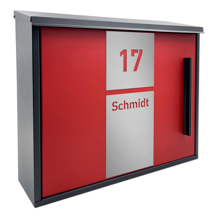 AlbersDesign Briefkasten B11-2 in Rot (RAL3000) - ohne Zeitungsfach -  personalisiert mit Edelstahl-Schildern