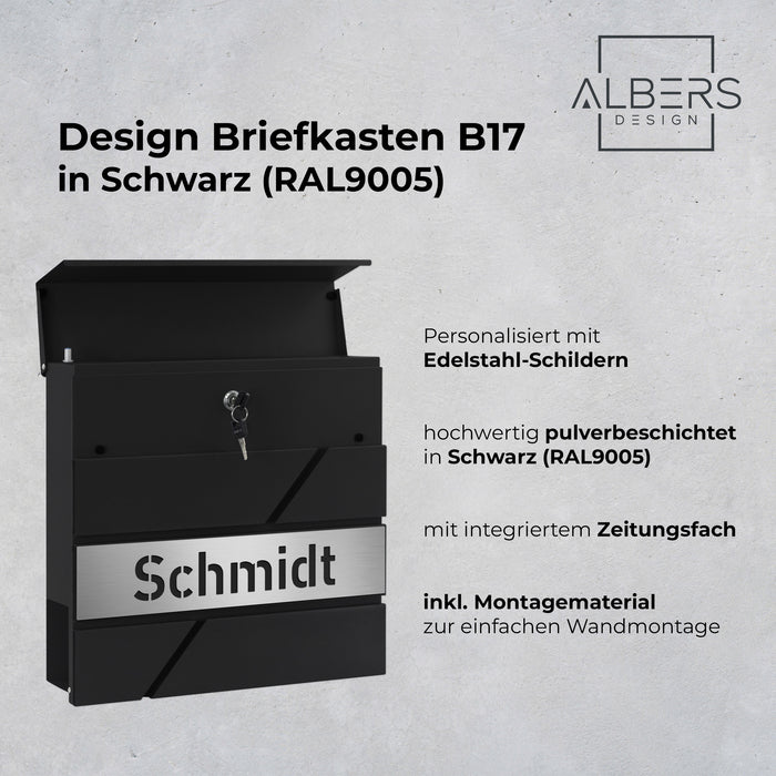 AlbersDesign Briefkasten B17 Schwarz (RAL9005) personalisiert mit Edelstahl-Schild