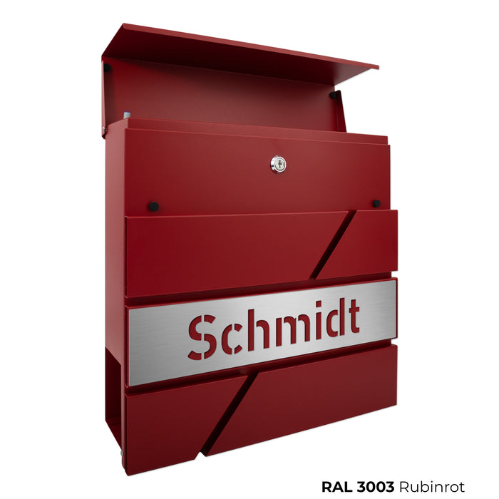 AlbersDesign Briefkasten B17 in WUNSCHFARBE personalisiert mit Edelstahl-Schild