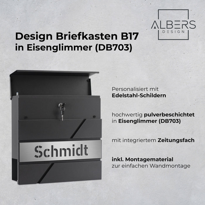 AlbersDesign Briefkasten B17 Eisenglimmer (DB703) personalisiert mit Edelstahl-Schild