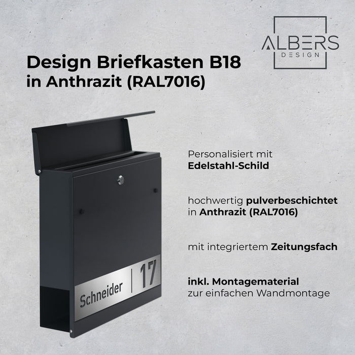 AlbersDesign Briefkasten B18 Anthrazit (RAL7016) personalisiert mit Edelstahlschild