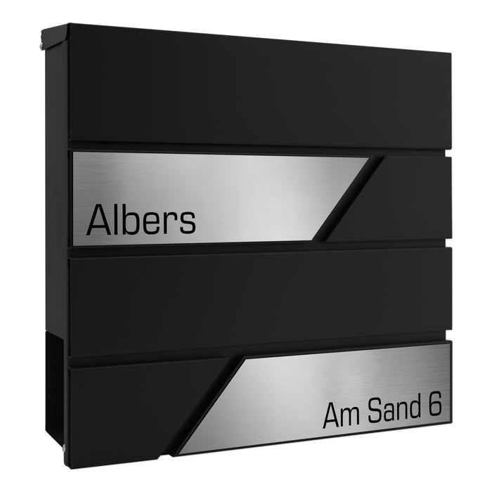 AlbersDesign Briefkasten B1 schwarz (RAL9005) personalisiert mit Edelstahl-Schildern