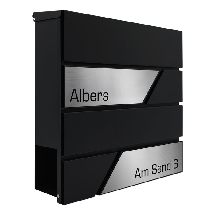 AlbersDesign Briefkasten B1 schwarz (RAL9005) personalisiert mit Edelstahl-Schildern