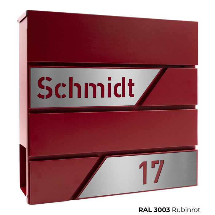 AlbersDesign Briefkasten B1 in WUNSCHFARBE personalisiert mit Edelstahl-Schildern