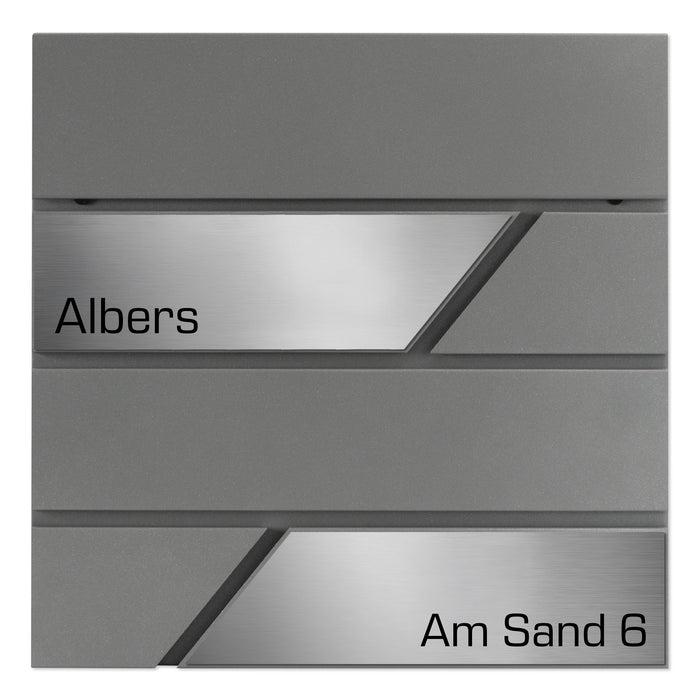AlbersDesign Briefkasten B1 in Graualuminium (RAL9007) personalisiert mit Edelstahl-Schildern