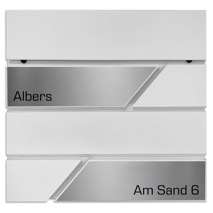 AlbersDesign Briefkasten B1 weiß (RAL9003) personalisiert mit Edelstahl-Schildern