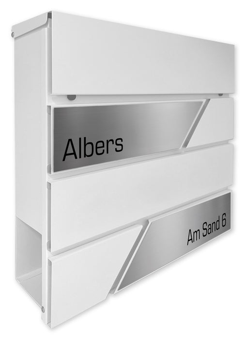 AlbersDesign Briefkasten B1 weiß (RAL9003) personalisiert mit Edelstahl-Schildern