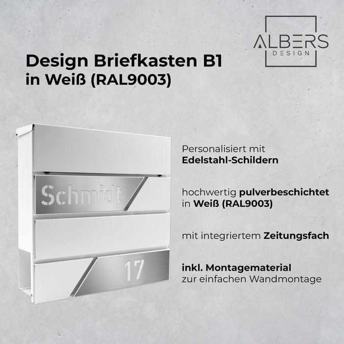 AlbersDesign Briefkasten B1 weiß (RAL9003) personalisiert mit Edelstahl-Schildern