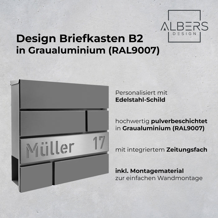 AlbersDesign Briefkasten B2 Graualuminium (RAL9007) personalisiert mit Edelstahlschild