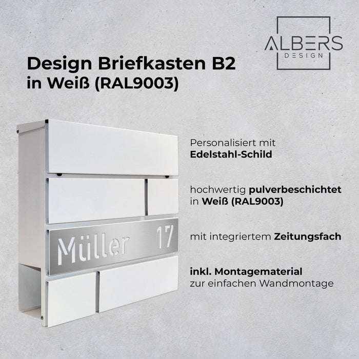 AlbersDesign Briefkasten B2 Weiß (RAL9003) personalisiert mit Edelstahlschild