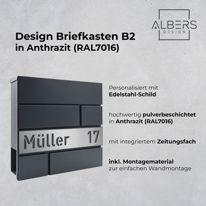 AlbersDesign Briefkasten B2 anthrazit (RAL7016) personalisiert mit Edelstahlschild